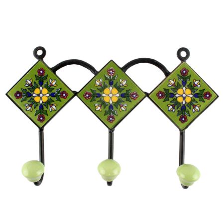 Ceramic Floral Tile Hook in Pea Green